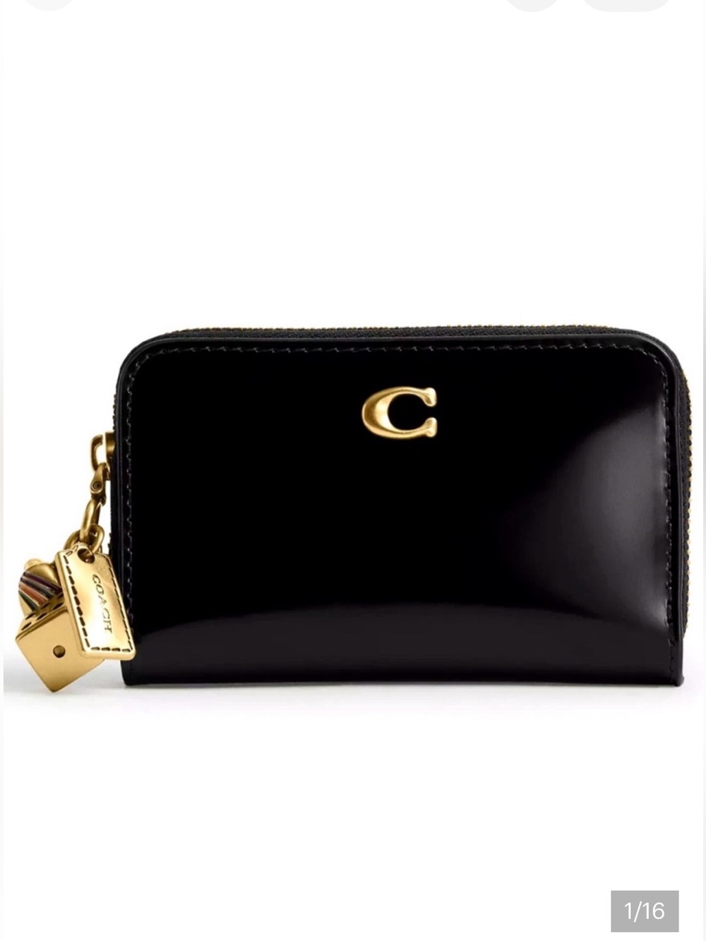 Coach Black Patent Leather Phone Wallet with Gold 'C' Accent new with tag